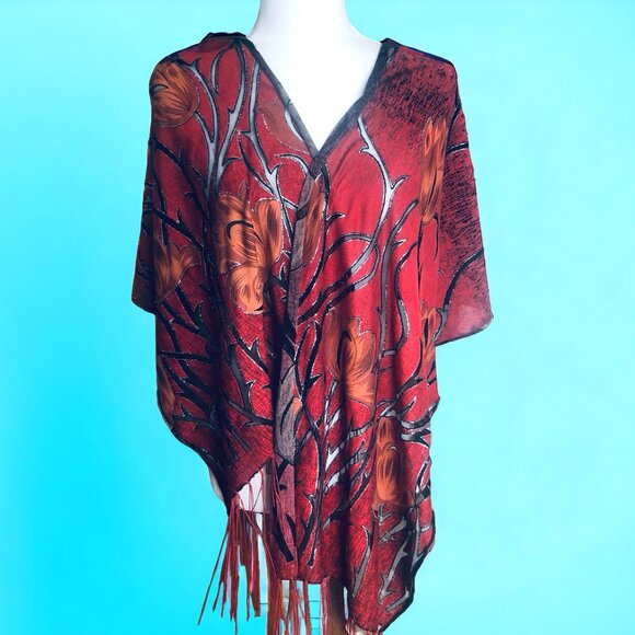 Vintage Large Floral Red Black Silver Burn Out Scarf Shawl Wrap w Fringe - Picture 1 of 5